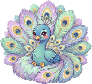 Find a darling chibi peacock surrounded by shimmering pastel plumes, excellent for delightful digital PNG clipart
