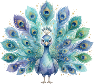 A majestic watercolor peacock with shimmering gold accents, wonderful for elegant digital artwork PNG clipart