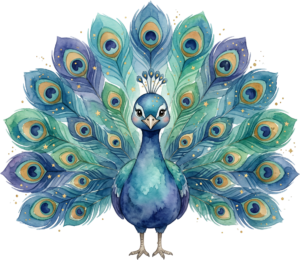 Behold a glorious watercolor peacock displaying golden-eyed feathers, splendid for stunning artistic PNG clipart