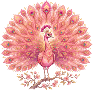 Experience a magnificent pink peacock with ornate feathers, perfect for truly lavish digital art PNG clipart