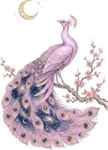 Observe a graceful lavender peacock perched under a crescent moon, ideal for mystical celestial PNG clipart
