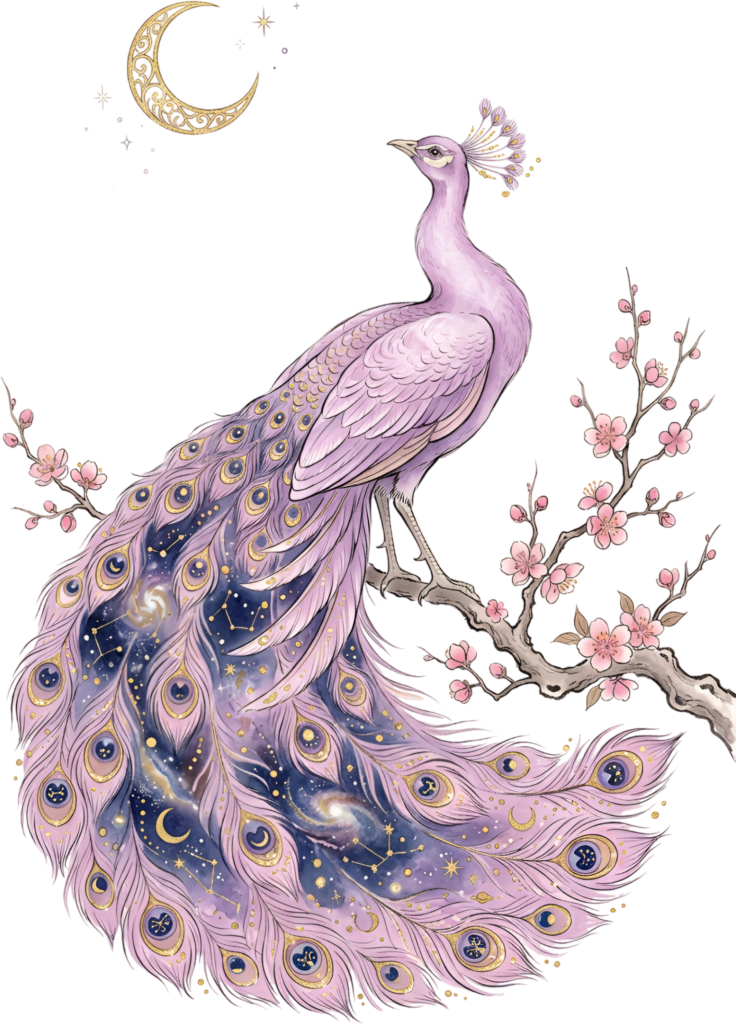 Observe a graceful lavender peacock perched under a crescent moon, ideal for mystical celestial PNG clipart 1 - Observe a graceful lavender peacock perched under a crescent moon, ideal for mystical celestial PNG clipart Free PNG Download