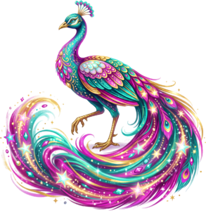 Ignite your creativity with this vibrant fantasy peacock, featuring a trail of sparkling stars PNG clipart