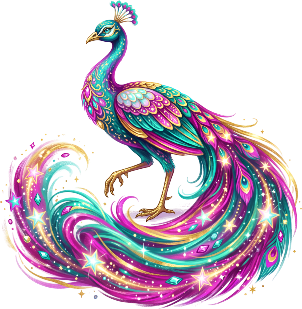 - Ignite your creativity with this vibrant fantasy peacock, featuring a trail of sparkling stars PNG clipart Free PNG Download
