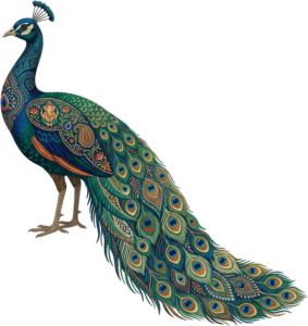 Elegant Side Profile Peacock Illustration with Lord Ganesha Motif and Long Tail in High-Res PNG