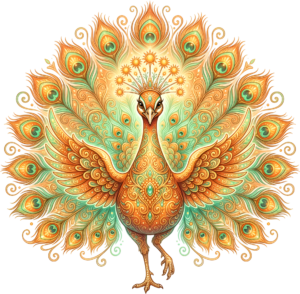 Unleash imagination with this ornate sun-themed peacock, wonderful for radiant spiritual digital PNG clipart