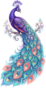 Adorn your projects with this shimmering jewel-toned peacock on a branch, perfect for elegant digital PNG clipart