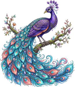 Enhance designs with this sparkling gemstone peacock on a branch, excellent for luxurious printable PNG clipart