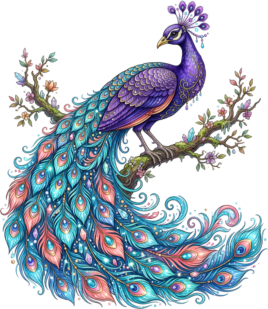 Enhance designs with this sparkling gemstone peacock on a branch, excellent for luxurious printable PNG clipart 1 - Enhance designs with this sparkling gemstone peacock on a branch, excellent for luxurious printable PNG clipart Free PNG Download