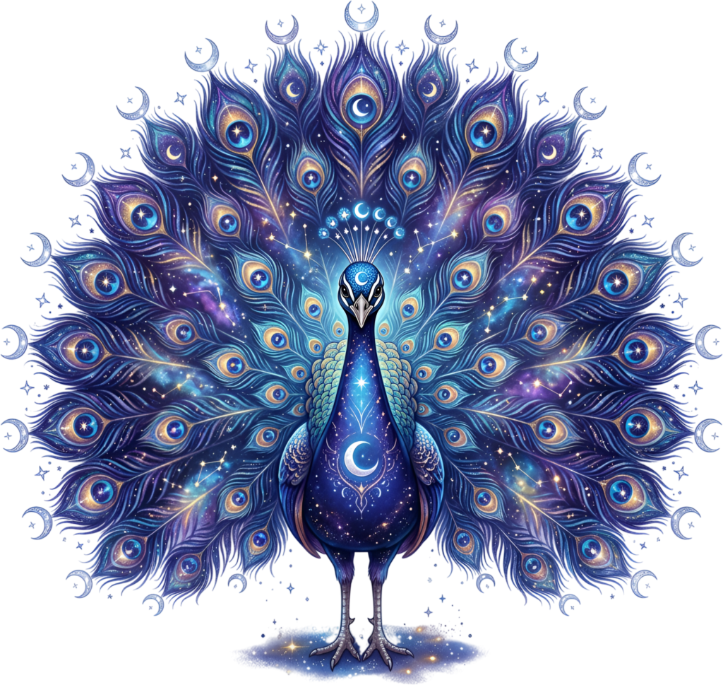 Behold a cosmic peacock adorned with moons and stars, splendid for enchanting mystical printable PNG clipart 1 - Behold a cosmic peacock adorned with moons and stars, splendid for enchanting mystical printable PNG clipart Free PNG Download