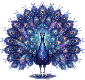 Behold a cosmic peacock adorned with moons and stars, splendid for enchanting mystical printable PNG clipart