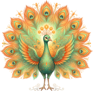 Brighten creations with this radiant sun-inspired peacock, ideal for cheerful bohemian digital PNG clipart