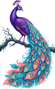 Elevate your art with this jewel-encrusted peacock on a branch, superb for luxurious fantasy digital PNG clipart