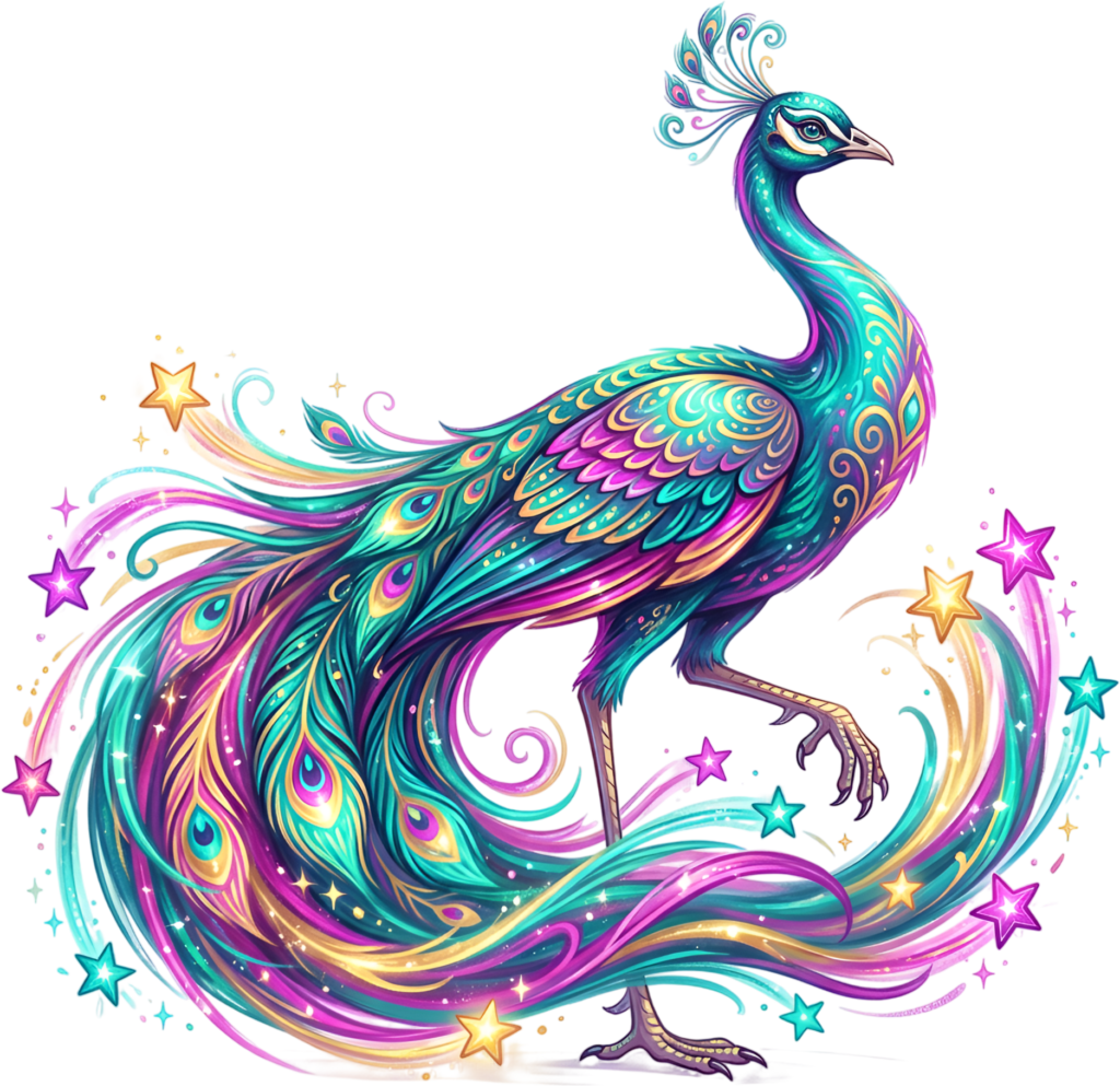 Discover this Mesmerizing Iridescent Peacock Illustration, a Vibrant Digital Clipart adorned with Sparkling Stars PNG for crafts. 1 - Discover this Mesmerizing Iridescent Peacock Illustration, a Vibrant Digital Clipart adorned with Sparkling Stars PNG for crafts. Free PNG Download