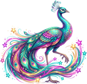 Discover this Mesmerizing Iridescent Peacock Illustration, a Vibrant Digital Clipart adorned with Sparkling Stars PNG for crafts.
