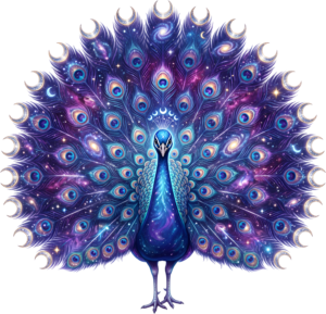 This Celestial Peacock PNG captivates with its Stunning Galaxy Illustration featuring Cosmic Moons Clipart.