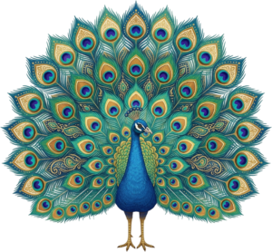 Symmetrical Royal Peacock with Majestic Spread Feathers and Gold Accents Illustration in PNG
