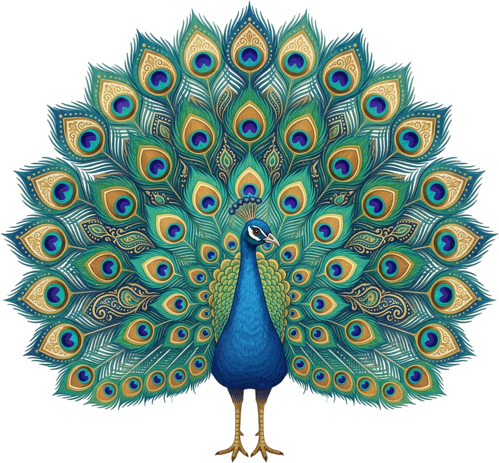 Symmetrical Royal Peacock with Majestic Spread Feathers and Gold Accents Illustration in PNG 1 - Symmetrical Royal Peacock with Majestic Spread Feathers and Gold Accents Illustration in PNG Free PNG Download