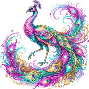 For enchanting projects, utilize this Whimsical Peacock Illustration, featuring flowing Teal Pink Gold Feathers Clipart PNG.