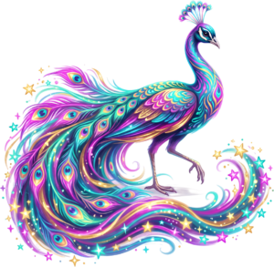 Vibrant Peacock PNG artwork makes a statement, an Artistic Illustration featuring Sparkling Gold and Purple Clipart.