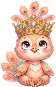 Crowned in Gold, this Adorable Peachick Clipart is a Cute Baby Peacock Illustration PNG for Nursery decor.