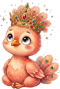 Presenting this Sweet Baby Peachick Illustration, a charming Pink Peacock PNG adorned with a Golden Crown Clipart.