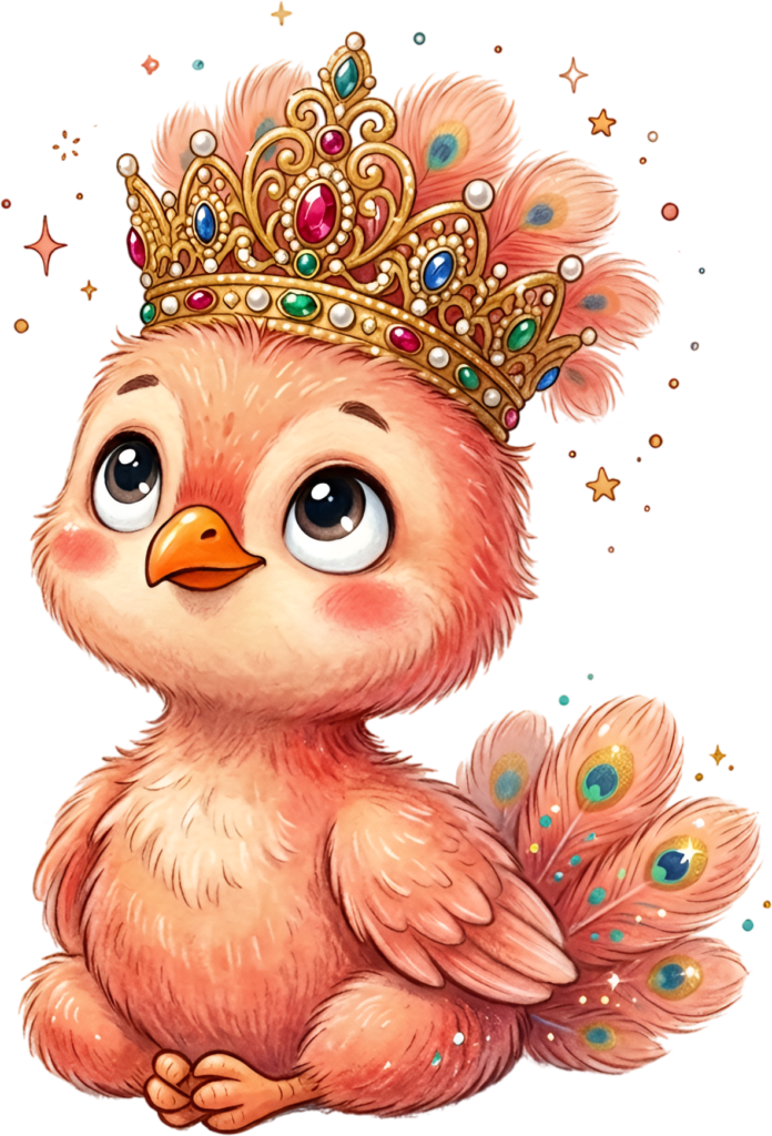 - Presenting this Sweet Baby Peachick Illustration, a charming Pink Peacock PNG adorned with a Golden Crown Clipart. Free PNG Download