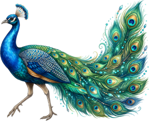 Seeking elegance? This Classic Blue Peacock Illustration offers shimmering Green Tail Feathers and Jewels Clipart PNG.