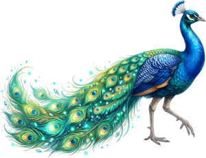 Experience beauty with this Beautiful Peacock Illustration, showcasing a long Blue Green Tail with Glimmering Gems Clipart PNG.
