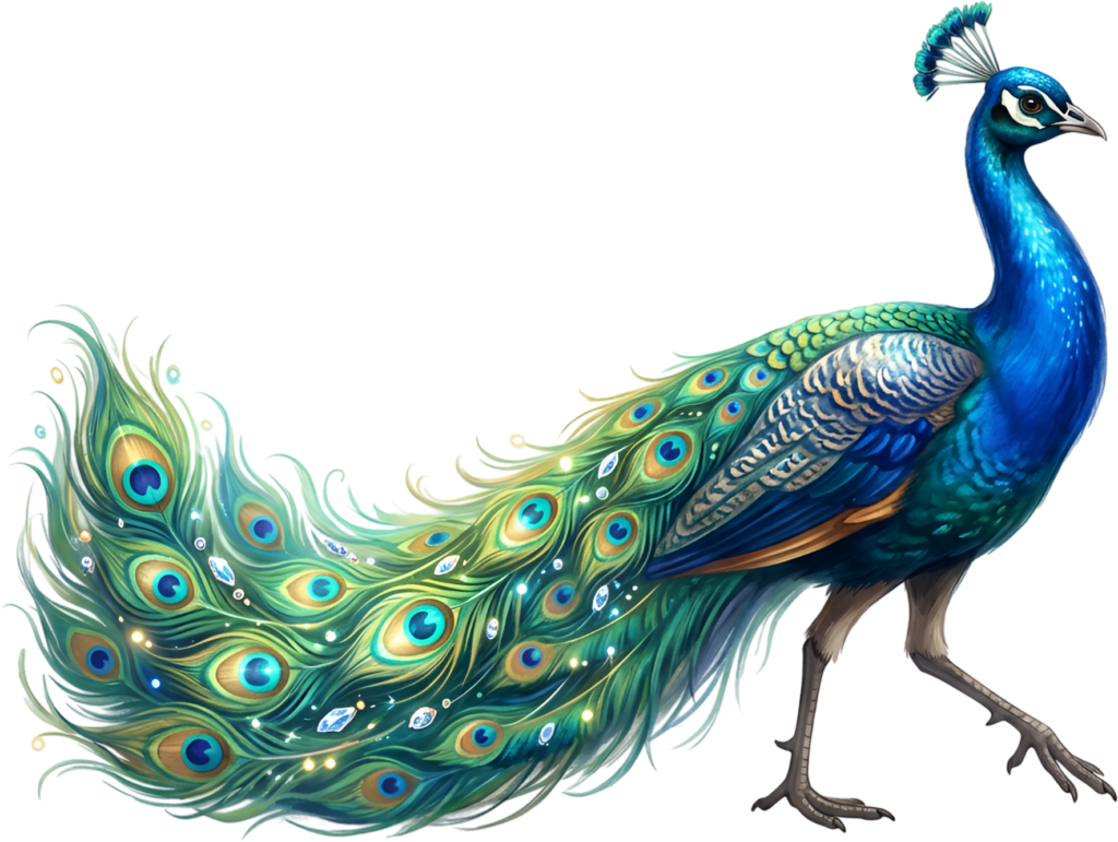 - An Impressive Royal Blue Peacock PNG, a detailed Illustration featuring a flowing Green Tail and Jewel Accents Clipart. Free PNG Download