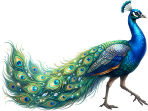 An Impressive Royal Blue Peacock PNG, a detailed Illustration featuring a flowing Green Tail and Jewel Accents Clipart.