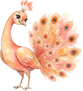 Soft Watercolor Peahen Clipart offers charm, an Orange Peacock Illustration PNG for gentle art and decor.