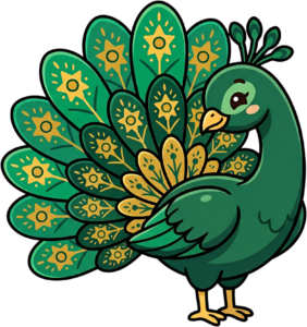 This Folk Art Peacock Illustration brings charm, a Green Bird Clipart with Intricate Gold Patterns PNG for crafts.