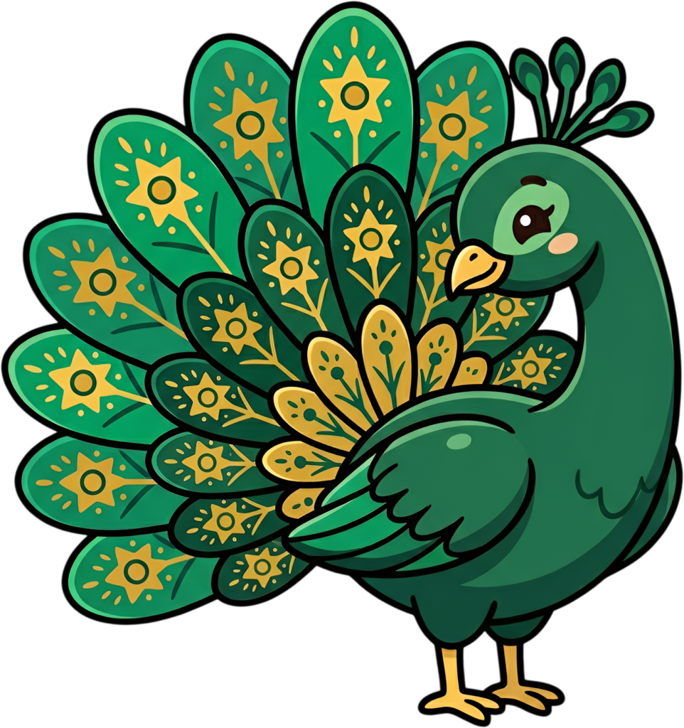 - This Folk Art Peacock Illustration brings charm, a Green Bird Clipart with Intricate Gold Patterns PNG for crafts. Free PNG Download