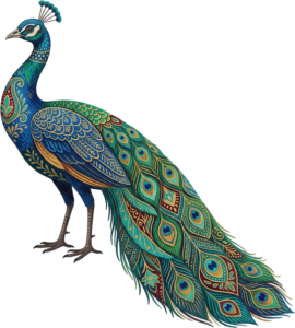 Graceful Blue Peacock Illustration with Intricate Paisley Body Art and Long Flowing Tail in PNG
