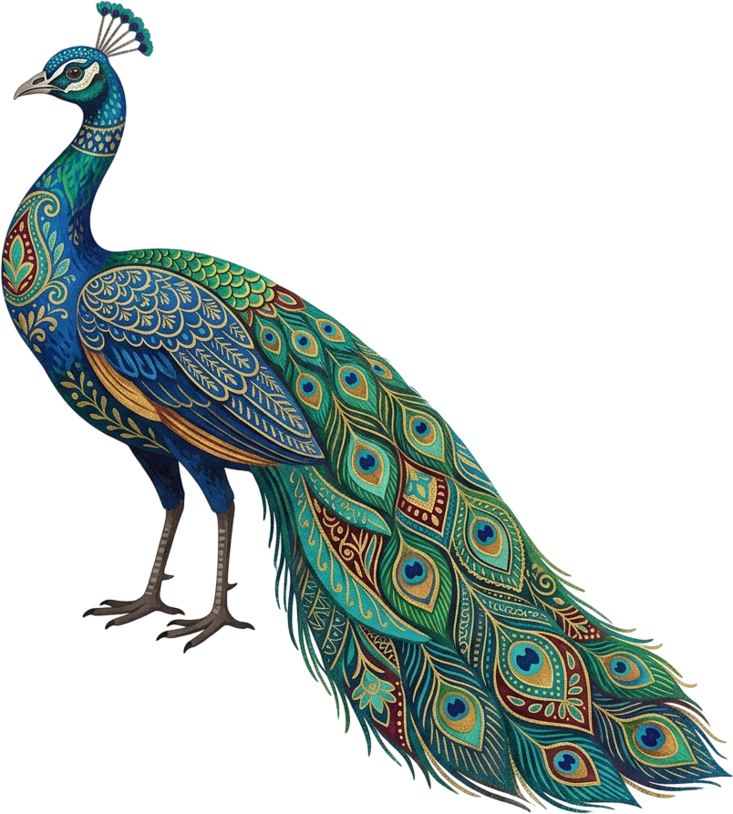 Graceful Blue Peacock Illustration with Intricate Paisley Body Art and Long Flowing Tail in PNG 1 - Graceful Blue Peacock Illustration with Intricate Paisley Body Art and Long Flowing Tail in PNG Free PNG Download