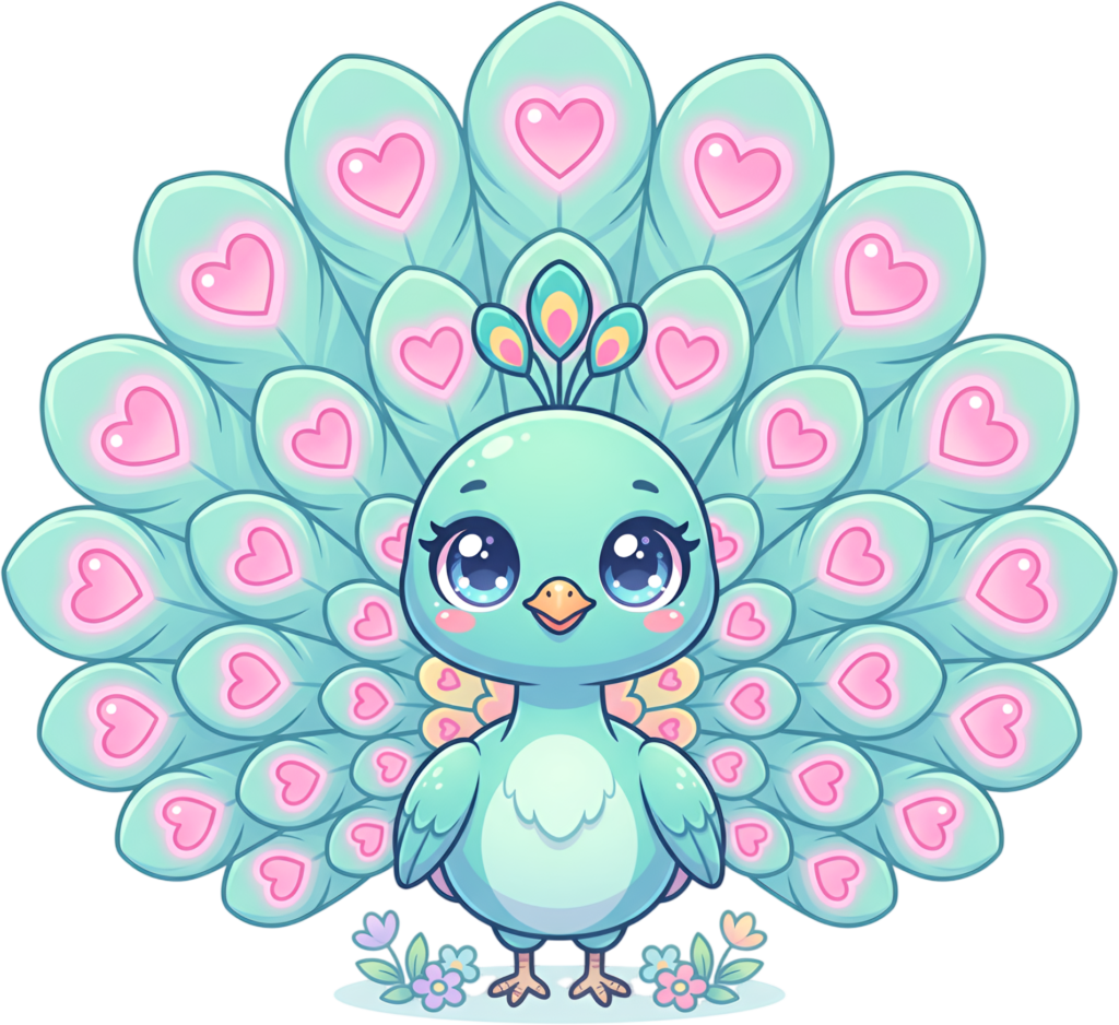 A Kawaii Peachick Clipart melts hearts, a Cute Blue Bird Illustration with Heart-Shaped Feathers PNG for nurseries. 1 - A Kawaii Peachick Clipart melts hearts, a Cute Blue Bird Illustration with Heart-Shaped Feathers PNG for nurseries. Free PNG Download