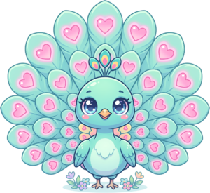 A Kawaii Peachick Clipart melts hearts, a Cute Blue Bird Illustration with Heart-Shaped Feathers PNG for nurseries.