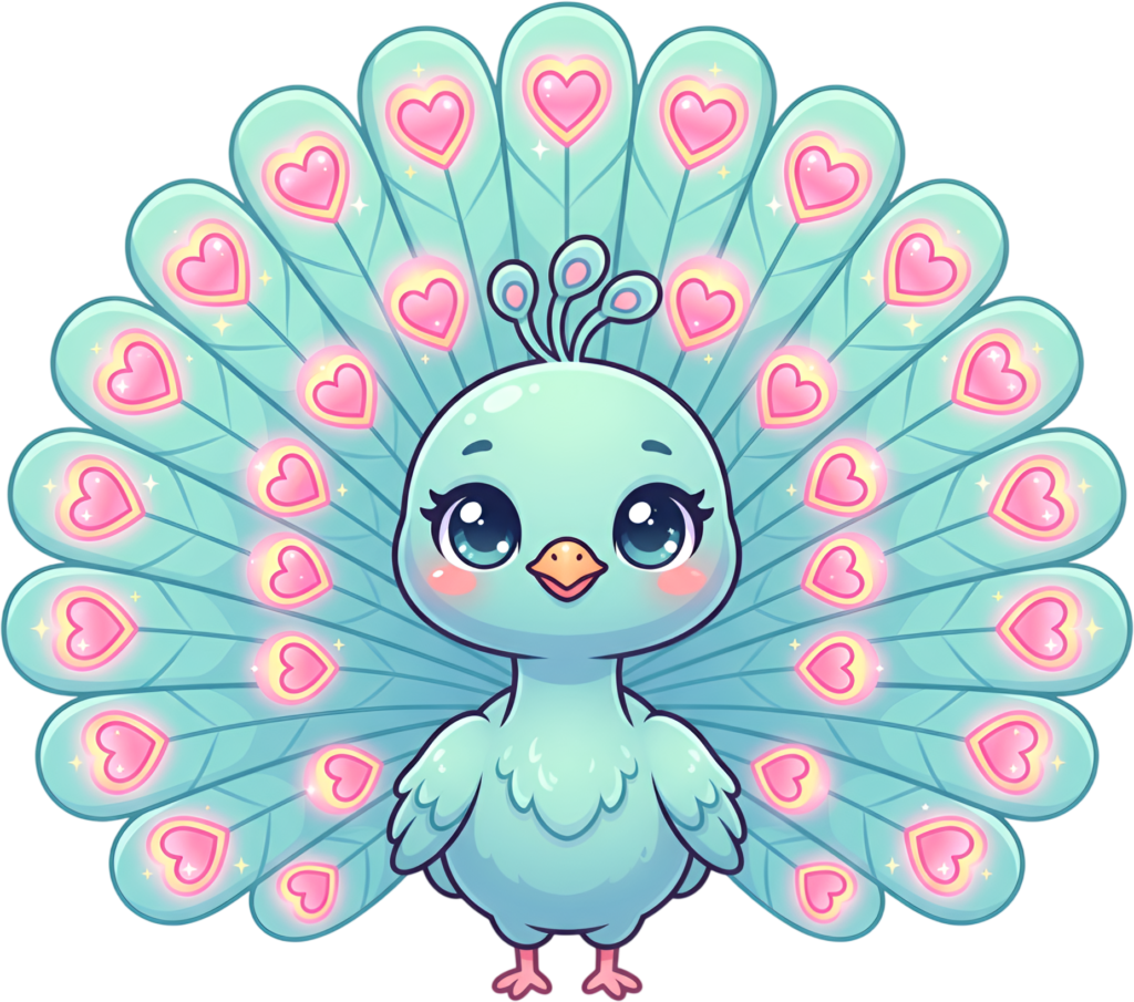 Sweetly designed Kawaii Peacock Illustration, a delightful Blue Peachick PNG adorned with Pink Hearts Clipart. 1 - Sweetly designed Kawaii Peacock Illustration, a delightful Blue Peachick PNG adorned with Pink Hearts Clipart. Free PNG Download
