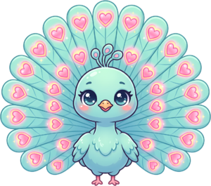 Sweetly designed Kawaii Peacock Illustration, a delightful Blue Peachick PNG adorned with Pink Hearts Clipart.