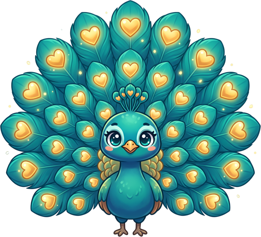 Enchanting Kawaii Peacock PNG brings magic, a charming Teal Bird Illustration featuring Golden Heart Feathers Clipart. 1 - Enchanting Kawaii Peacock PNG brings magic, a charming Teal Bird Illustration featuring Golden Heart Feathers Clipart. Free PNG Download
