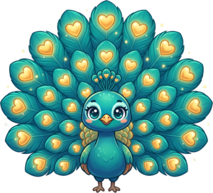 Enchanting Kawaii Peacock PNG brings magic, a charming Teal Bird Illustration featuring Golden Heart Feathers Clipart.