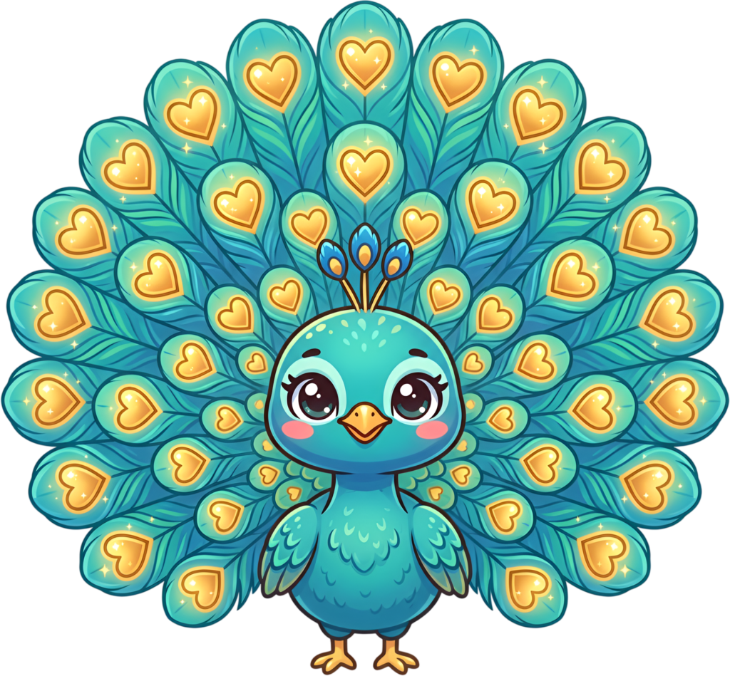 Delightful Green Peacock PNG with Golden Heart Accents, this Adorable Kawaii Peachick Illustration Clipart. 1 - Delightful Green Peacock PNG with Golden Heart Accents, this Adorable Kawaii Peachick Illustration Clipart. Free PNG Download