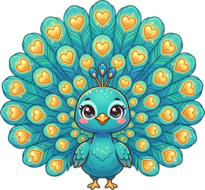 Delightful Green Peacock PNG with Golden Heart Accents, this Adorable Kawaii Peachick Illustration Clipart.
