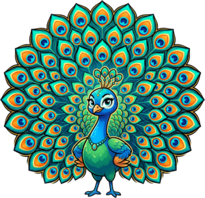 Statement-making Confident Peacock Illustration, a vibrant Blue Green Bird Clipart for striking designs PNG.