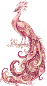 Elegant Pink Peacock Illustration captivates, showcasing a celestial Moon Star Tail PNG Clipart for fantasy.
