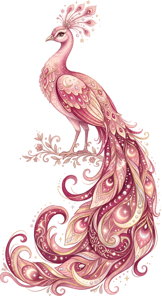 Elegant Pink Peacock Illustration captivates, showcasing a celestial Moon Star Tail PNG Clipart for fantasy. 1 - Elegant Pink Peacock Illustration captivates, showcasing a celestial Moon Star Tail PNG Clipart for fantasy. Free PNG Download
