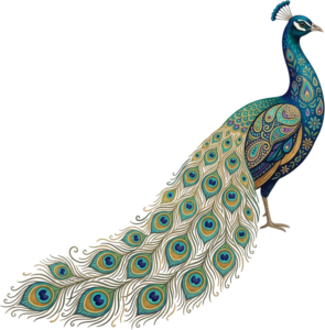 Stylized Watercolor Peacock Illustration with Extended Decorative Tail and Floral Motifs in PNG
