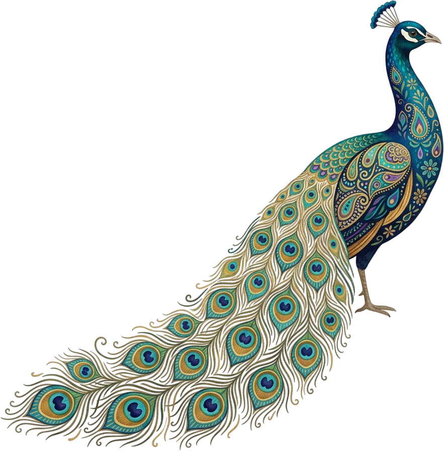 - Stylized Watercolor Peacock Illustration with Extended Decorative Tail and Floral Motifs in PNG Free PNG Download
