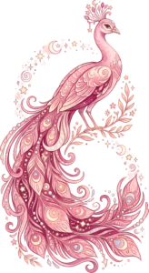 Ornate Pink Peacock Illustration illuminates, featuring celestial Moon Stars and Swirling Tail Clipart PNG for decor.